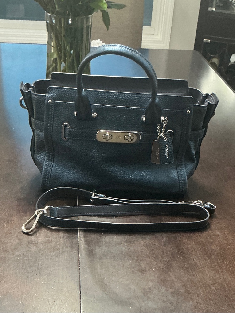 Coach Satin Navy Pebble Leather Satchel with Removable Strap